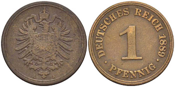 ГЕРМАНИЯ 1 ПФЕННИГ 1889 A, СТАРОГЕРБОВКА KM 1, J. 1, Weege 1 медь 206-225