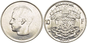 Бельгия 10 франков 1977 Belgique, Бодуэн I (1951-1993) KM 155.1 никель 115-724