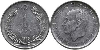 Турция 1 лира 1970 Мустафа Кемаль Ататюрк KM 889а.2 нержавеющая сталь 4384-534