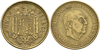 Испания 1 песета 1966 (68) Франсиско Франко (1939-1975) KM 796 алюминиевая бронза 4571-1134