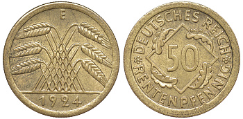 Германия 50 рентенпфеннигов 1924 E J. 310, KM 34 алюминиевая бронза aUNC 1522-845