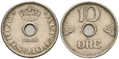 Норвегия 10 эре 1951 Хокон VII (1905-1957) KM 383 медно-никель 4608-336
