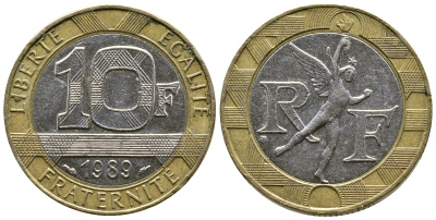 Франция 10 франков 1989 тип гений Бастилии KM 964.1, Le Franc 375.3 биметалл  51-5125