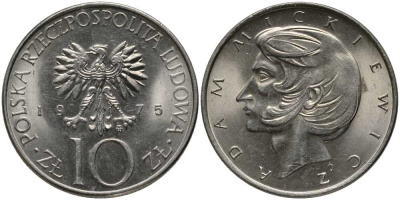 Польша 10 злотых 1975 MW, Адам Мицкевич (1798-1855) KM 74, Parchimowicz 242a медно-никель UNC 180-313
