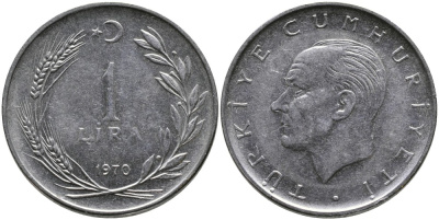 Турция 1 лира 1970 Мустафа Кемаль Ататюрк KM 889а.2 нержавеющая сталь 4384-534