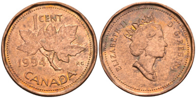Канада 1 цент 1994 Елизавета II (1952-2022), кленовый лист KM 181 бронза 4585-812