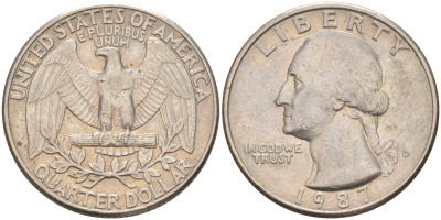 США 25 ЦЕНТОВ = КВОТЕР 1987 D, ВАШИНГТОН KM A164a медь плакированная медно-никелем 4114-923