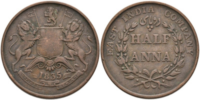 Британская Индия 1/2 анна 1835 M, Британская Ост-Индская компания, Мадрас, диаметр 30,8 мм. KM 447.1 медь 88-914