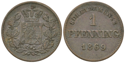 Бавария 1 пфенниг 1869 Людвиг II (1864-1886) AKS 185 медь 4679-956
