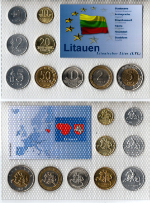 Литва набор из 9 монет (1, 2, 5, 10, 20 и 50 центов; 1, 2 и 5 лит) 1991, 2000, 2008, 2009 и 2013 в красочной упаковке с информацией о стране KM 85, 86, 87, 106, 107, 108, 111, 112 и 113 UNC 2-6-3-102