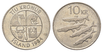 Исландия 10 крон 1984 рыбы KM 29.1 медно-никель 4582-247