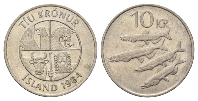 Исландия 10 крон 1984 рыбы KM 29.1 медно-никель 4582-247