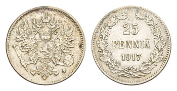 Россия для Финляндии 25 пенни 1917 S, Николай II (1894-1917), Орел с тремя коронами Биткин 422 серебро 4651-636