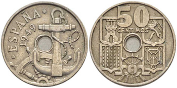 ИСПАНИЯ 50 СЕНТИМО 1949 (51) ФРАНСИСКО ФРАНКО ДИКТАТОР ИСПАНИИ (1939-1975), МОРСКАЯ АТРИБУТИКА KM 777 медно-никель 116-1045