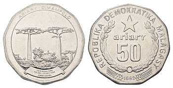 Мадагаскар 50 ариари 1992 год-тип KM 20 сталь плакированная никелем UNC 4672-145