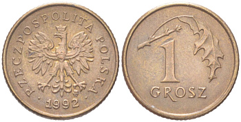 Польша 1 грош 1992 Y 276 марганец латунь UNC 4614-562