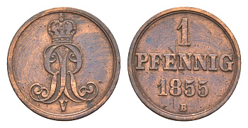 Ганновер 1 пфенниг 1855 B, Георг V (1851-1866) KM 221, AKS 155, J. 83 медь    4658-1057