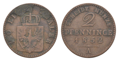 Пруссия 2 пфеннига 1852 A, Фридрих Вильгельм IV (1840-1861) KM 452, Jaeger 51, Olding 336, AKS 91 медь 4651-249