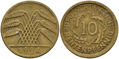 Германия 10 рентенпфеннигов 1924 F J. 309, KM 33 алюминиевая бронза    4603-753