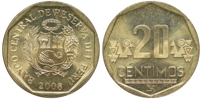 Перу 20 сентимо 2008 KM 306.4 латунь aUNC 4605-444