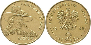 Польша 2 злотых 1999 MW, серия Польские короли, Владислав IV Ваза (1632-1648) KM 368 нордик UNC 4153-1035