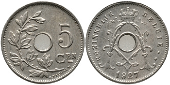 БЕЛЬГИЯ 5 САНТИМОВ 1927 BELGIE KM 67 медно-никель 76-142
