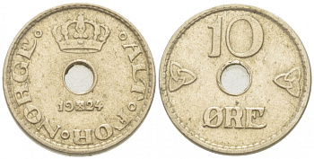 НОРВЕГИЯ 10 ЭРЕ 1924 КМ 383 медно-никель 3955-167