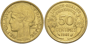 ФРАНЦИЯ 50 САНТИМОВ 1941 ТИП MORLON KM 894.1, LE FRANC 192.18 алюминиевая бронза 44-622