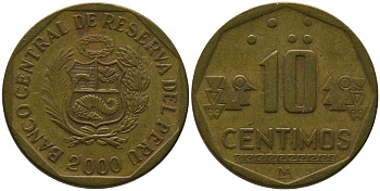 Перу 10 сентимо 2000 LIMA KM 305.3, Schon 104 латунь 4543-731