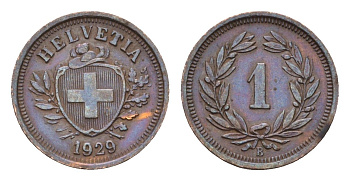 Швейцария 1 раппен 1929 B KM 3.2 бронза 4679-353