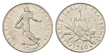 Франция 1 франк 1960 сеятель KM 925 никель 4673-1131