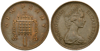 Великобритания 1 пенни 1971 Елизавета II (1952-2022) KM 915, Spink 4237 (B1) бронза 4138-1257
