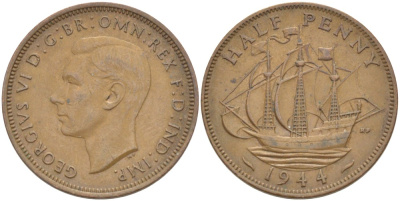 Великобритания 1/2 пенни 1944 Георг VI (1936-1952) KM 844, Spink 4115 бронза 51-1944