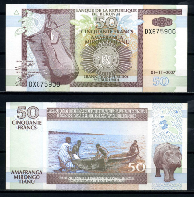 Бурунди 50 франков 2007 1 ноября 2007 Pick 36g бумага UNC (пресс) 6317-30-3-2