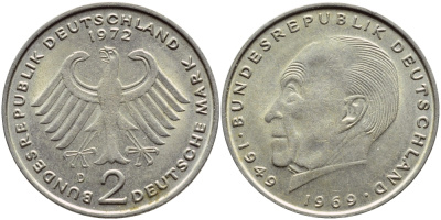 ФРГ 2 марки 1972 D, Конрад Аденауэр KM 124, J. 406 медно-никель плакированный никелем 177-625