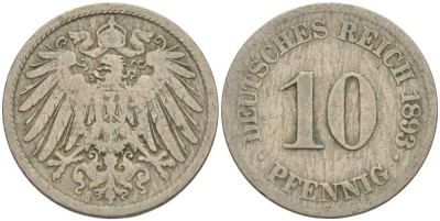 ГЕРМАНИЯ 10 ПФЕННИГОВ 1893 J KM 12, J. 13 медно-никель 4401-943