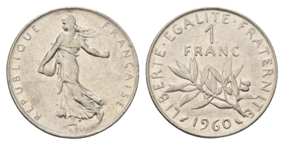 Франция 1 франк 1960 сеятель KM 925 никель 4673-1131