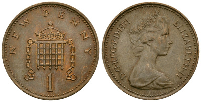 Великобритания 1 пенни 1971 Елизавета II (1952-2022) KM 915, Spink 4237 (B1) бронза 4138-1257