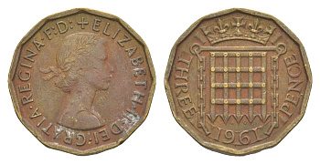 Великобритания 3 пенса 1961 Елизавета II (1952-2022) KM 900, Spink 4153 никель латунь 4571-841