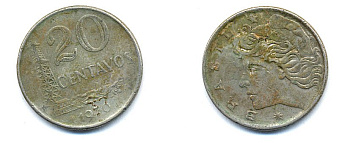 Бразилия 20 сентаво 1970 голова Свободы влево KM 579.2, Schon 84a медно-никель 51-4643