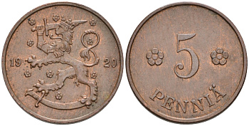 Финляндия 5 пенни 1920 KM 22 медь 192-1243