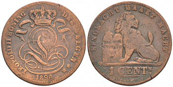 БЕЛЬГИЯ 1 САНТИМ 1894 VL KM 34.1 медь 44-938