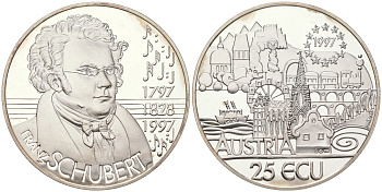 Австрия 25 экю 1997 200 лет со дня рождения Франца Шуберта KM X30 серебро  PROOF  11-271-43