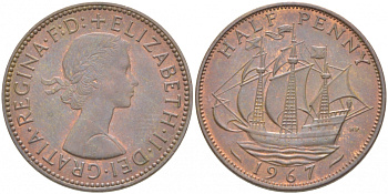 Великобритания 1/2 пенни 1967 Елизавета II (1952-2022) KM 896, Spink 4158 бронза 77-443
