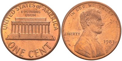 США 1 ЦЕНТ 1983 ЛИНКОЛЬН KM 201b цинк плакированный медью 188-227