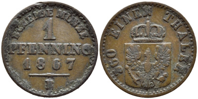 ПРУССИЯ 1 ПФЕННИГ 1867 B KM 480 медь 84-1547
