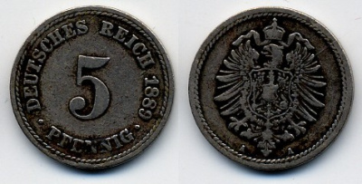 ГЕРМАНИЯ 5 ПФЕННИГОВ 1889 A, СТАРОГЕРБОВКА KM 3, J.3 медно-никель 51-5042