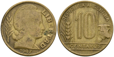 Аргентина 10 сентаво 1947 голова Свободы вправо KM 41 алюминиевая бронза 4174-241
