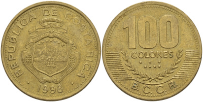 Коста-Рика 100 колон 1998 B.C.C.R. KM 230а латунь 82-241