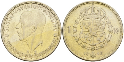 Швеция 1 крона 1948 TS, Густав V (1907-1950) KM 814 серебро 3457-115